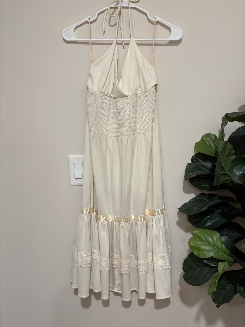 VINTAGE 1960a Cream Halter Smocked Midi Dress